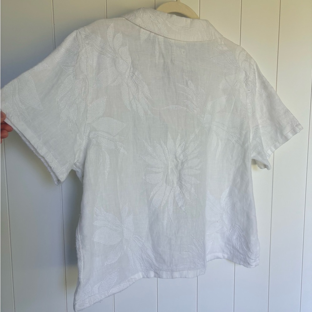 Joie 100% Linen Floral Embroidery White Short Sleeve Button Down Top Large - Picture 4 of 7